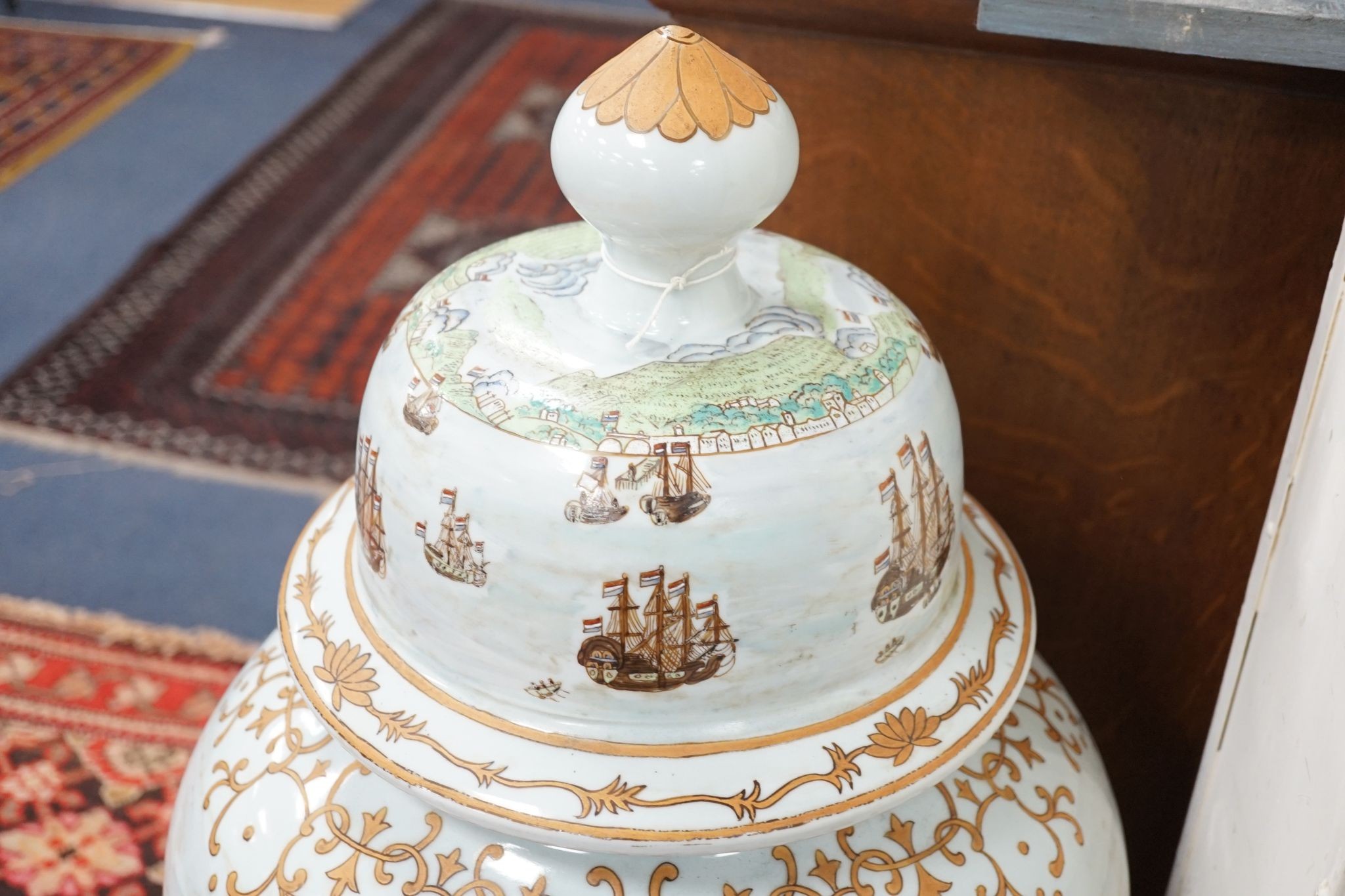 A large Chinese enamelled porcelain vase and cover on stand 100cm